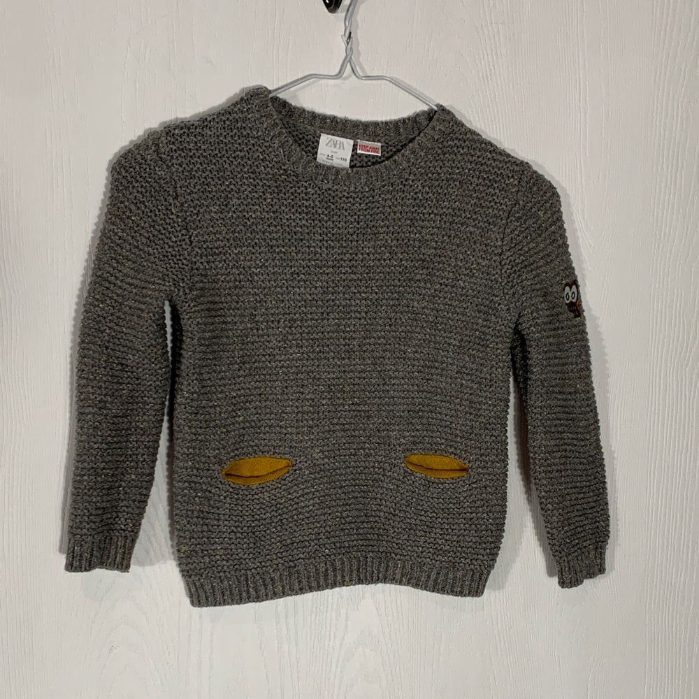 Zara Gray Owl Chunky Knit Pocket Pullover Sweater Size 4-5 Years Old Spring